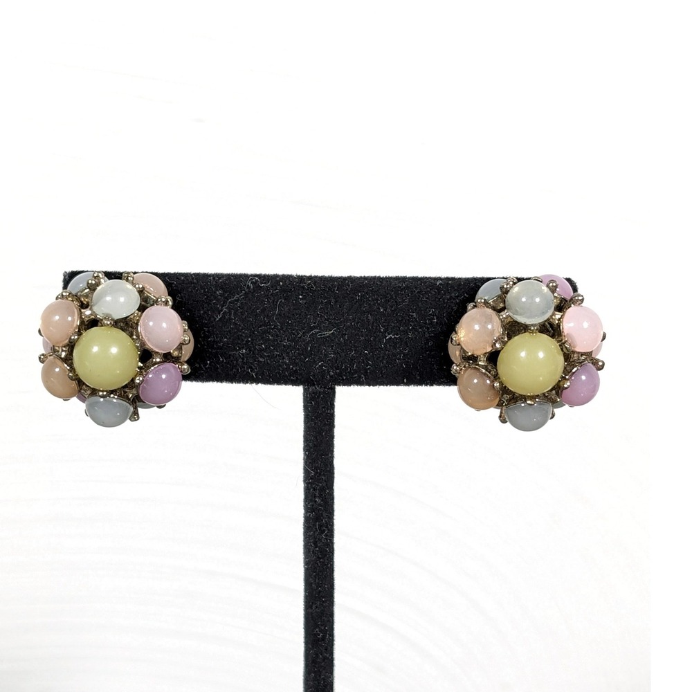 Pastel Flower Cluster Earrings Acrylic Cabochon Gold Tone Pierced Floral